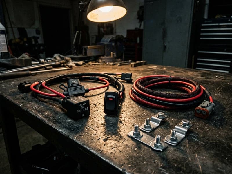 Faisceau de câble électrique 12V -24v 40A Next-Tech avec relais, fusible et interrupteur pour installation barre LED et phare de additionnel posé sur un établi d'atelier