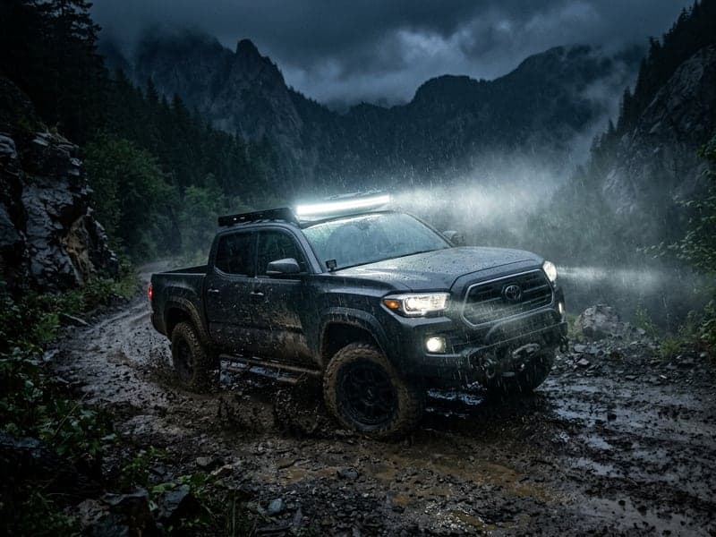 Barre LED incurvée Next-Tech allumée sur galerie de toit Toyota Tacoma en off-road nocturne sous pluie battante