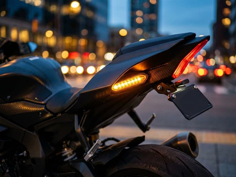 Vue arrière 3/4 d'une moto en fin de journée avec un clignotants LED séquentiels, mini et homologué Next-Tech
