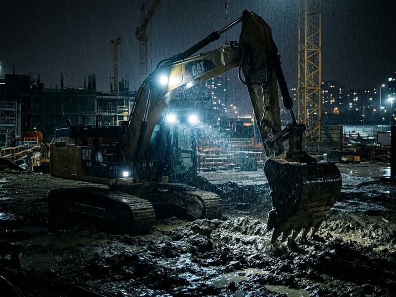 Pelleteuse CAT équipée de projecteurs de travail LED ronds Next-Tech allumés éclairant un chantier boueux sous la pluie de nuit