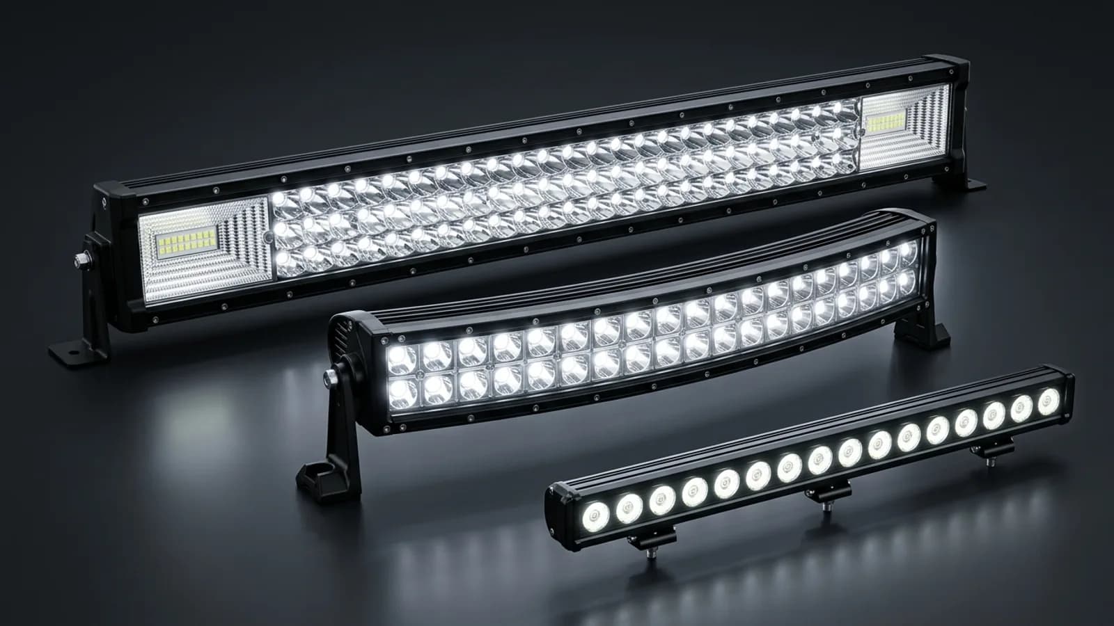 Trois barres LED Next-Tech allumées en studio : triple rangée droite, incurvée double rangée et rallye simple rangée