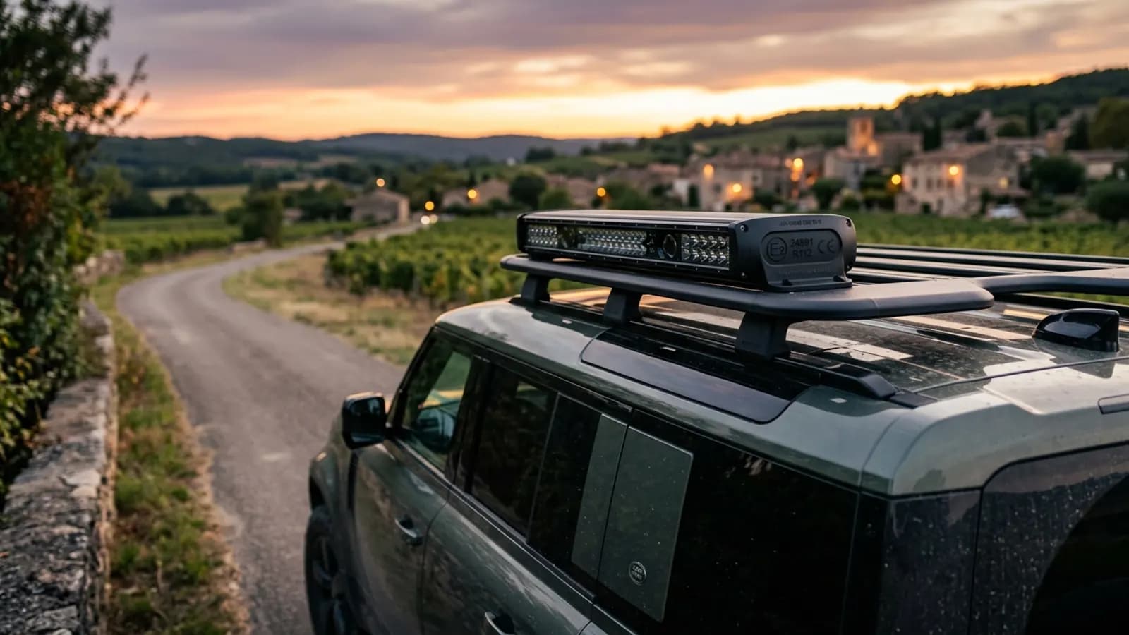 Barre LED homologuée CE R112 montée sur galerie de Land Rover Defender face à vignoble provençal au crépuscule