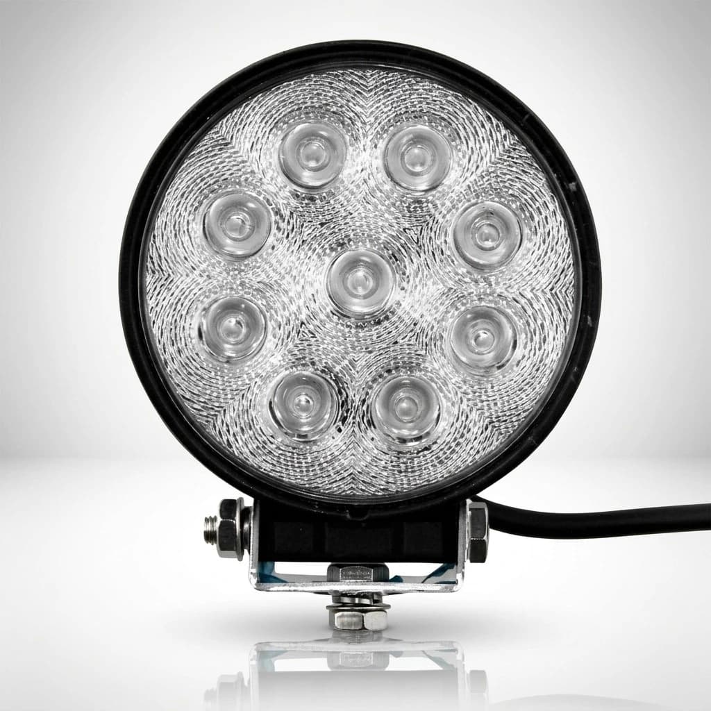 Projecteur de travail LED 27W rond 9 LED, vue studio de face sur fond blanc, Next-Tech